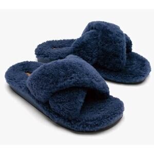 OLUKAI Hila Heu Women's Slipper, Women's Slip-On Shoes, Genuine Shearling Blue 9